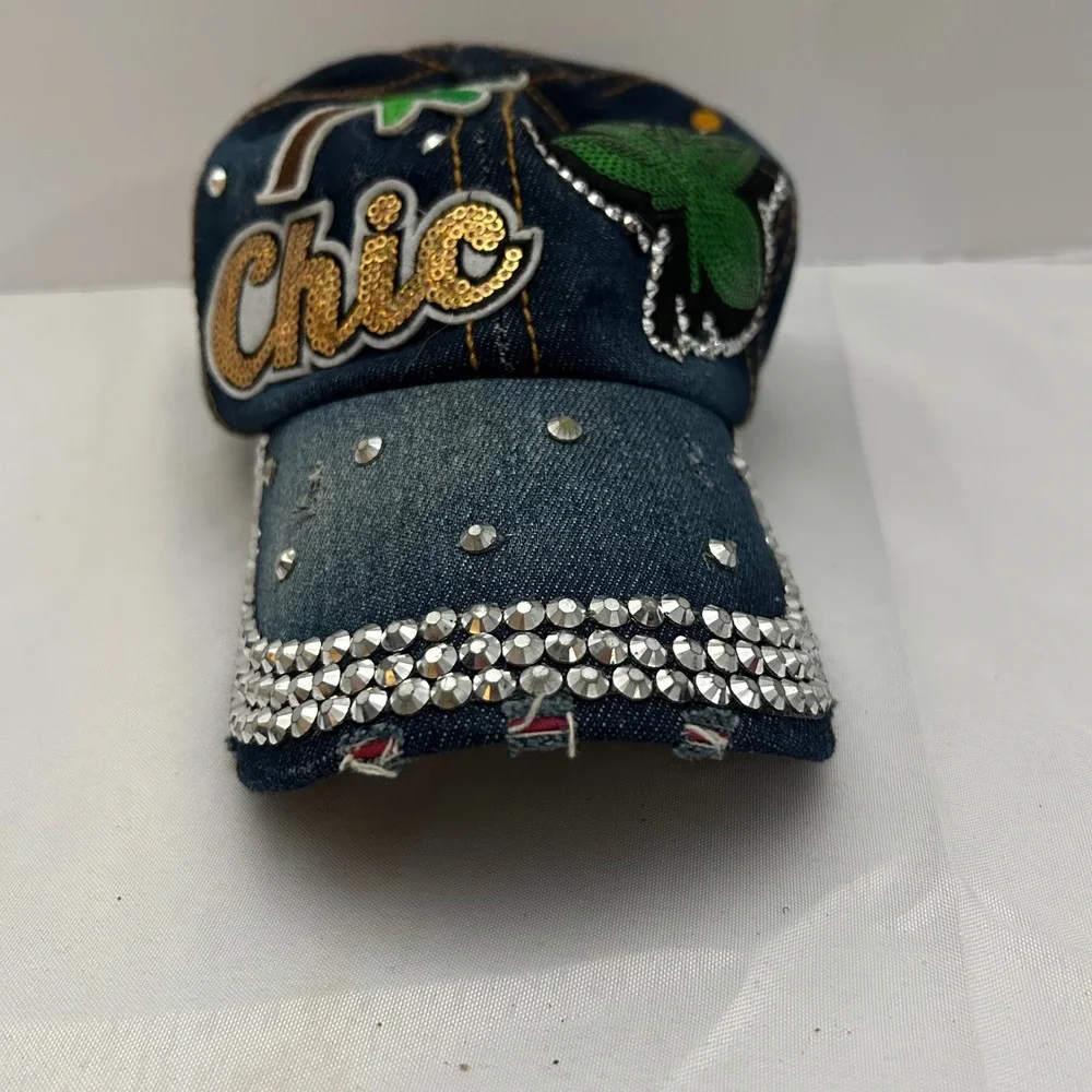 Denim Chic‎ Baseball Cap Rhinestone Palm Tree Sequin Novelty Hat- see pics